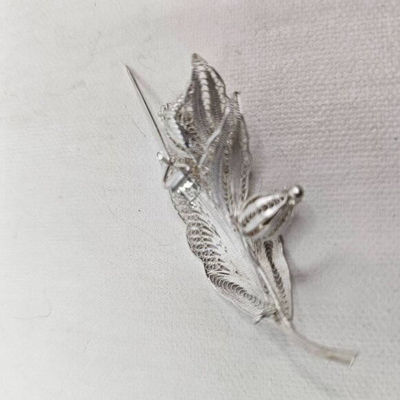 925 Silver Floral Filigree Brooch Tulip Flowers Leaf Vintage Pin Hook C Closure - Picture 8 of 9